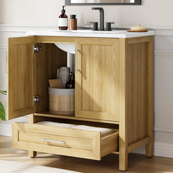 30" Bathroom Vanity with Sink, Vintage Bathroom Cabinet Vanity with Doors & Drawers, Farmhouse Wooden Freestanding Bathroom Cabinet with Top