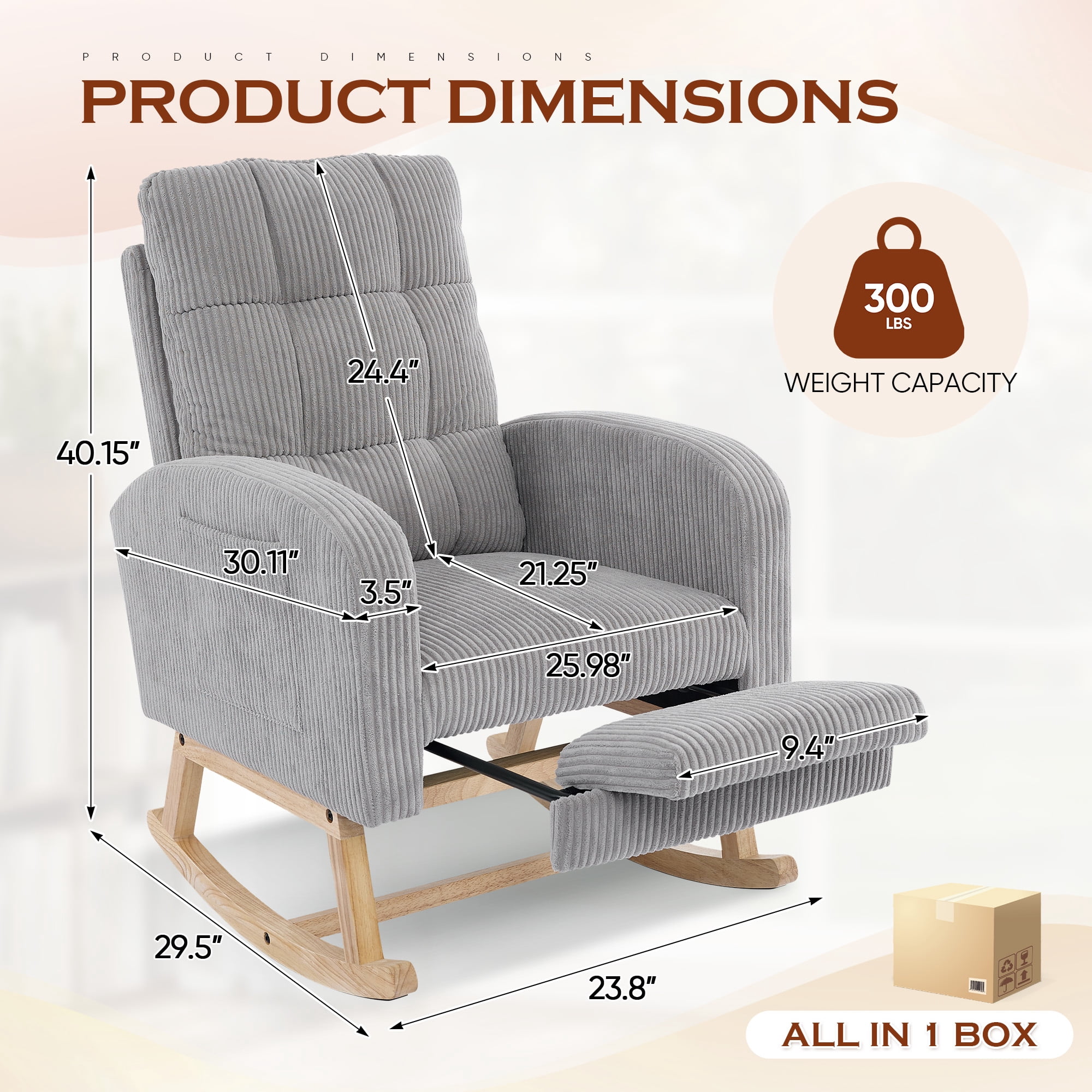 FFH Rocking Chair with Footrest, Rocking Chair for Nursey, Corduroy Armchair with High Backrest and Side Pockets, Accent Chair for Living Room, Bedroom, Gray