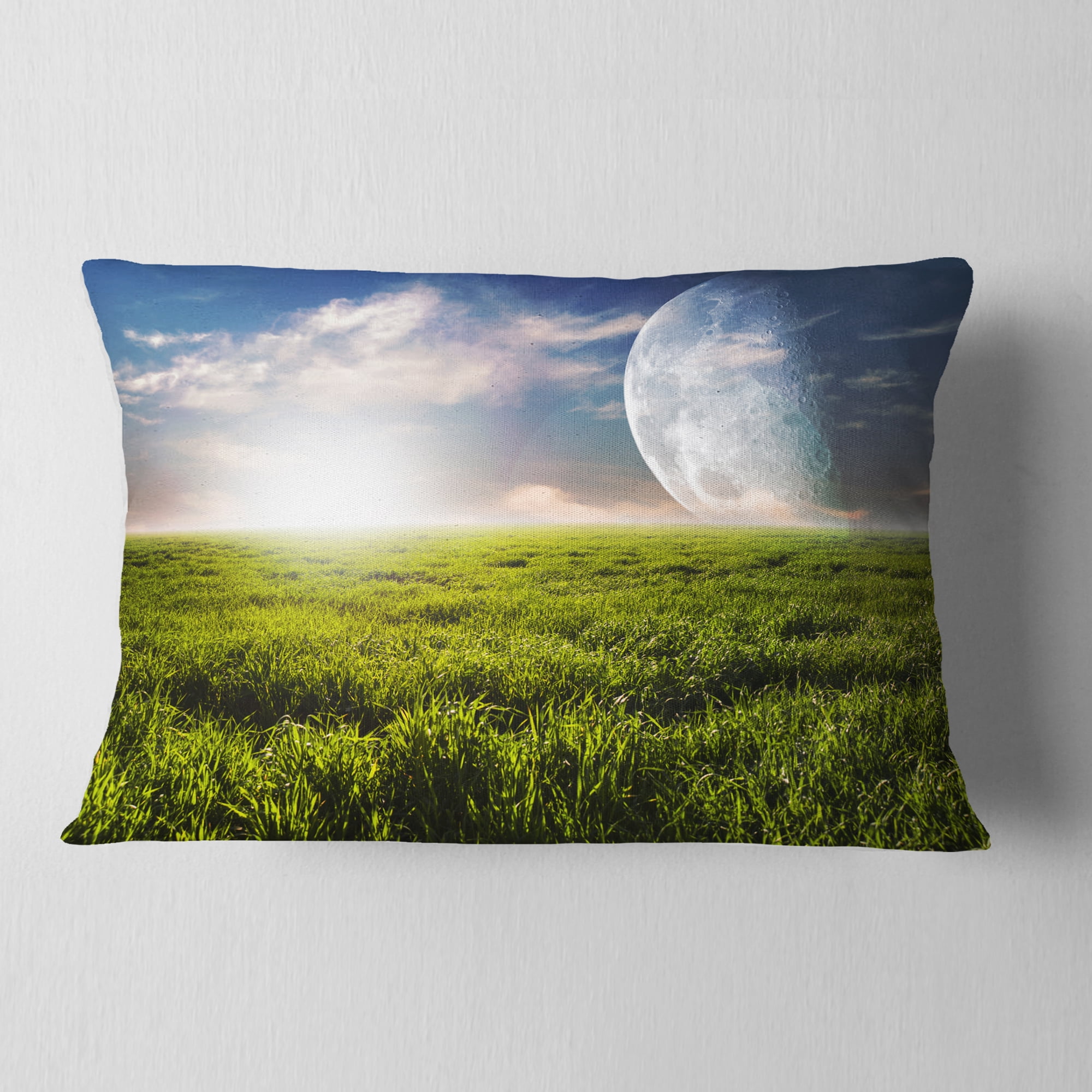 Designart Green Field under Bright Sunlight - Landscape Printed Throw Pillow - 12x20