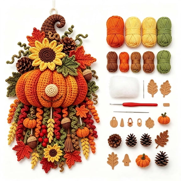 LEVEO DIY Seasonal 3D Crochet Door Hanger Kit Collection, Handmade Crochet Wreath Craft Set Wall Hanging Farmhouse Rustic Holiday Porch Decor, Gift for Adults and Beginners(#B)