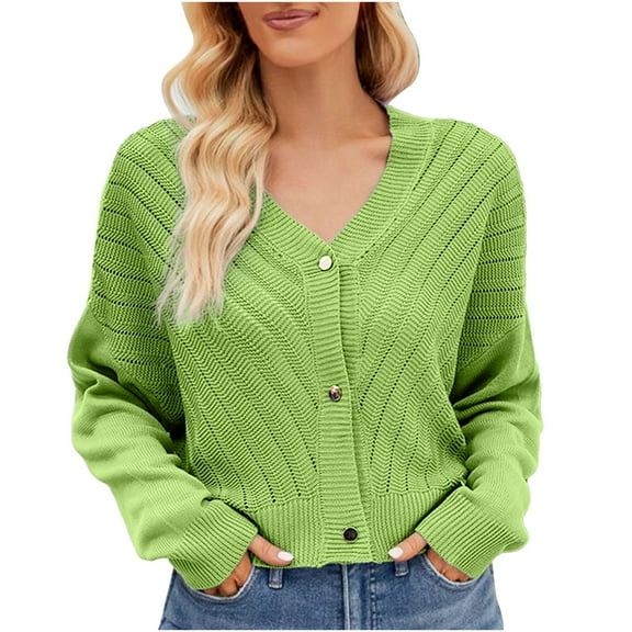 Idoravan Women's Cardigans Women's Color Hollowed Out Knitted Cardigan Loose V-neck Long Sleeved Cardigan Tops