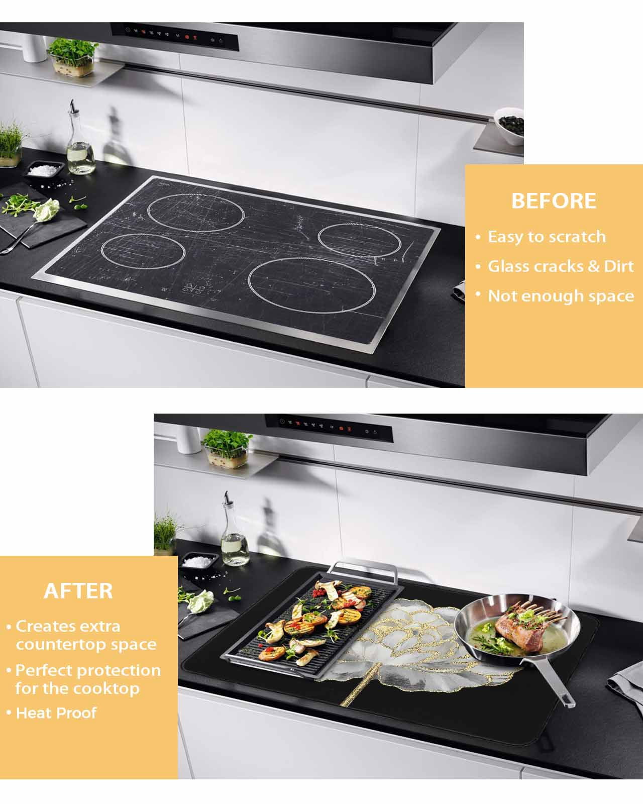 nqOlkjepod Large Induction Cooktop Protector Mat 36"x21", Flower Black Stove Top Covers for Electric Stove, Gold White Abstract Floral Aesthetic Stove Burner Cover Mats, Glass Top Stove Cover