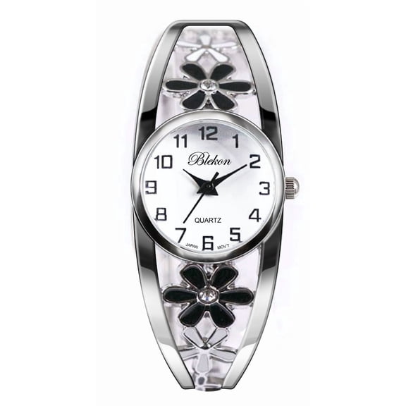 Blekon Women’s Cuff Bangle Watch With Elegant Silver Bracelet, Flower Design Dial, Fashion Jewelry Timepiece