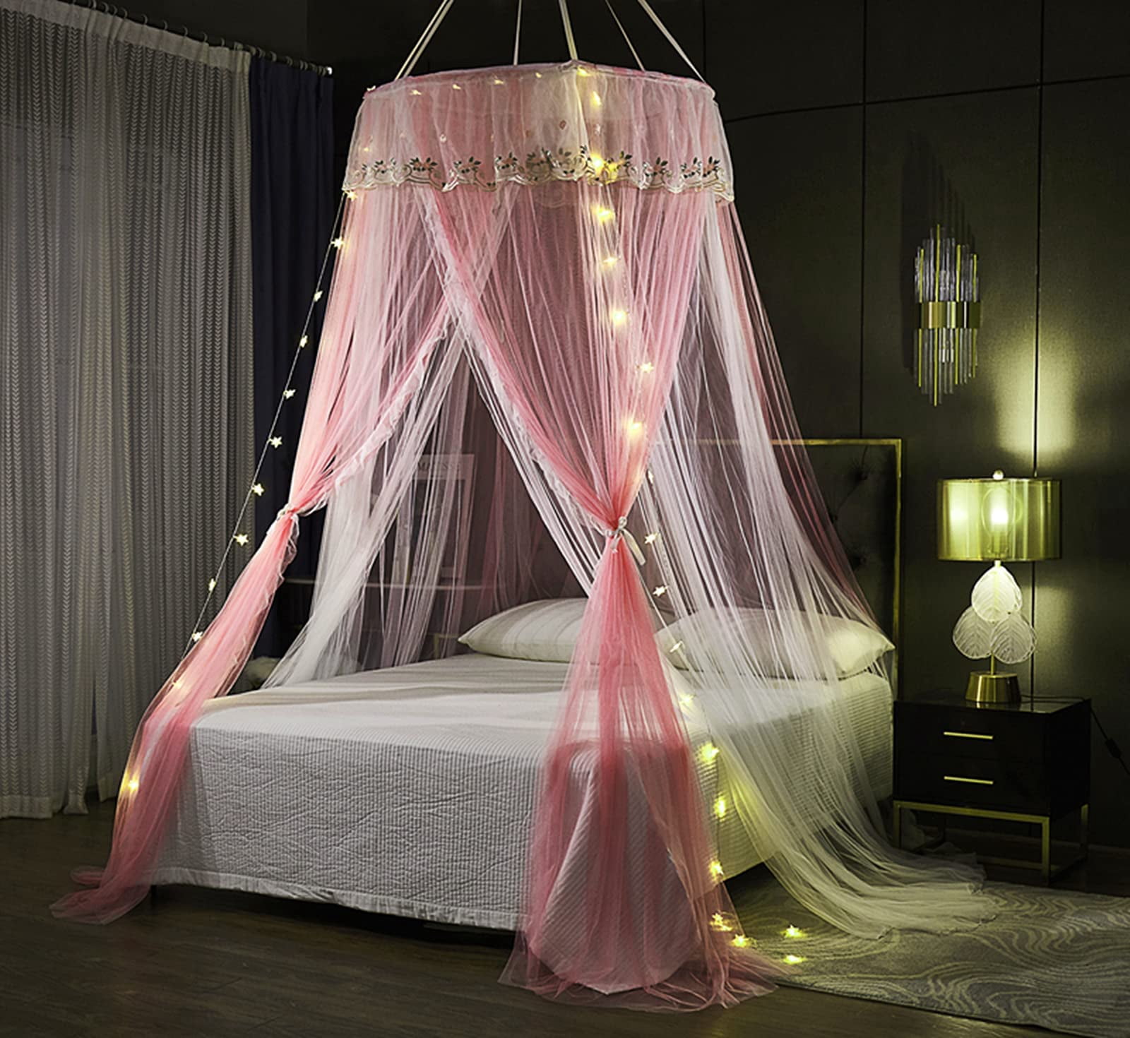 Princess Bed For Double Layer Sheer Mesh Dome Elegant Embroidery Lace Mosquito Net Curtain Full Queen King Bed(pink/white-1)