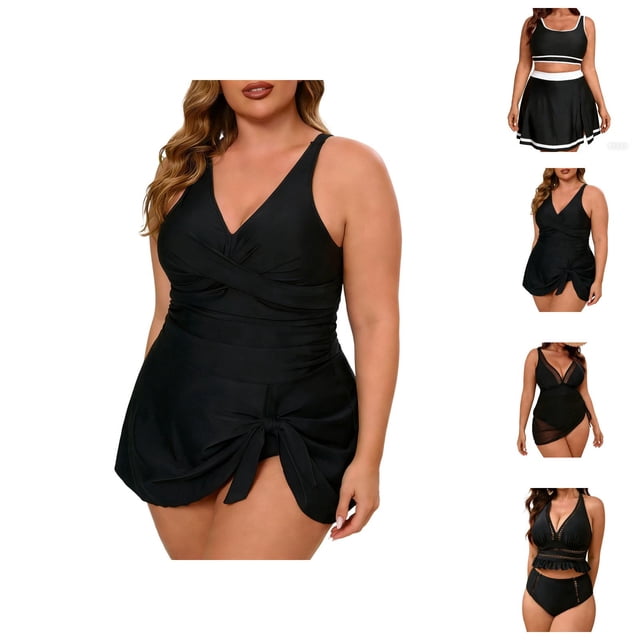 Womens Tankini Swimsuits Plus Size Deep V Neck Slimming Tummy Control Swim Dress with Bottom Two Piece Bathing Suits Woman