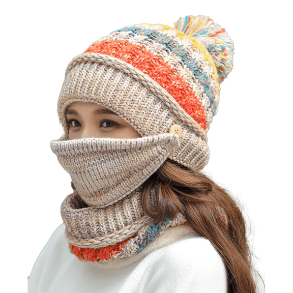 TELOLY Womens Hats Plus Velvet Hats Three Piece Set of Scarf Mask and Hat Hats for Women,Beige