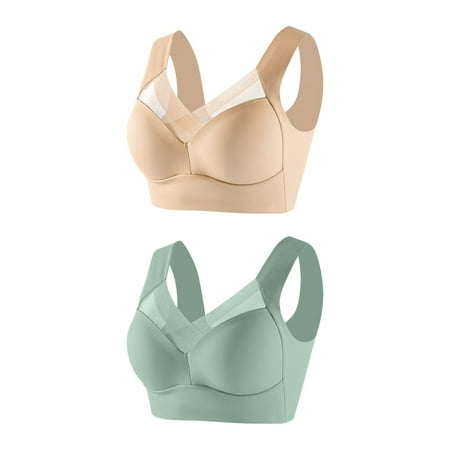 BXJX Lace Bras for Women Plus Size 2 Pack Wireless Solid Color Comfortable Breathable Thin Adjustment Bra Push-up Underwear Bralette Tops Green Size 2XL