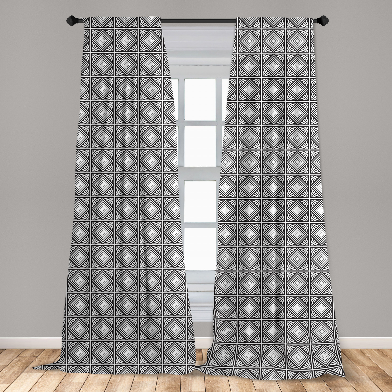 Contemporary Curtains 2 Panels Set, Monochrome and Geometric Mosaic