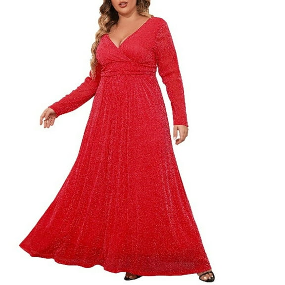 Kaemgyyd Plus Size Maxi Dress for Women Glitter V Neck Long Sleeve Ruffle Hem Flowy Dress Backless Cocktail Party Clubwear