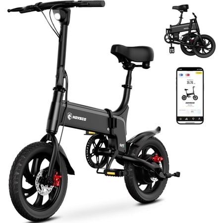 HOVSCO 14" Folding Electric Bike, 450W Folding Ebike, 30 Miles Range & 19mph Max Speed, LCD Display with App Control, Adjustable Seat, Commuter Electric Bicycle for Adults