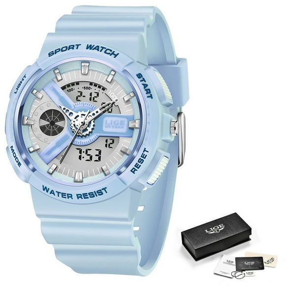 LIGE Military Kids Sport Watches 50M Waterproof Electronic Wristwatch Stop Watch Clock Children Digital Watch For Boys Girls+Box Blue