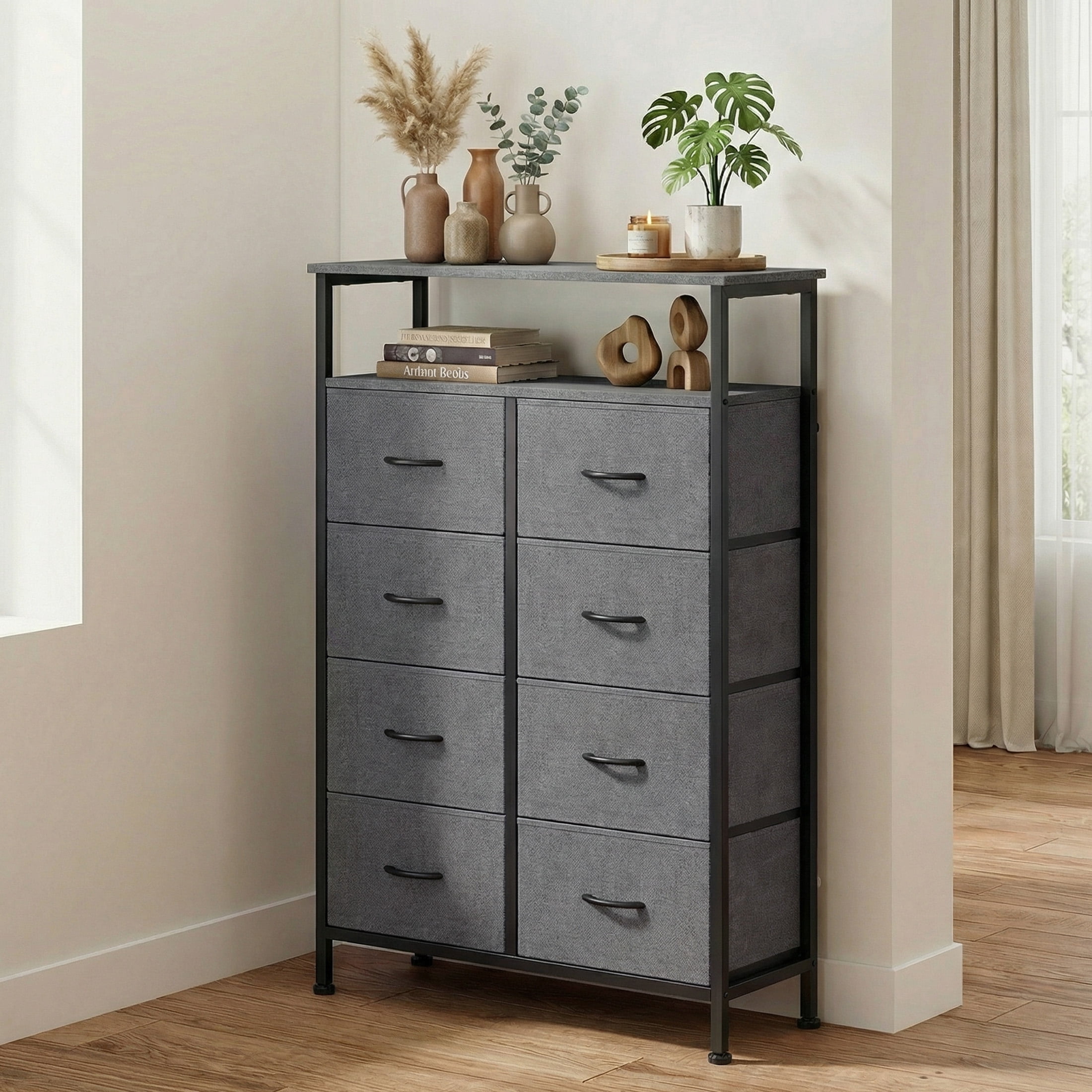 CONCETTA 8-Drawer Fabric  Dresser wiith Open Shelf, Tall  Storage Organizer for Bedroom Closet, Living Room, Hallway, Gray