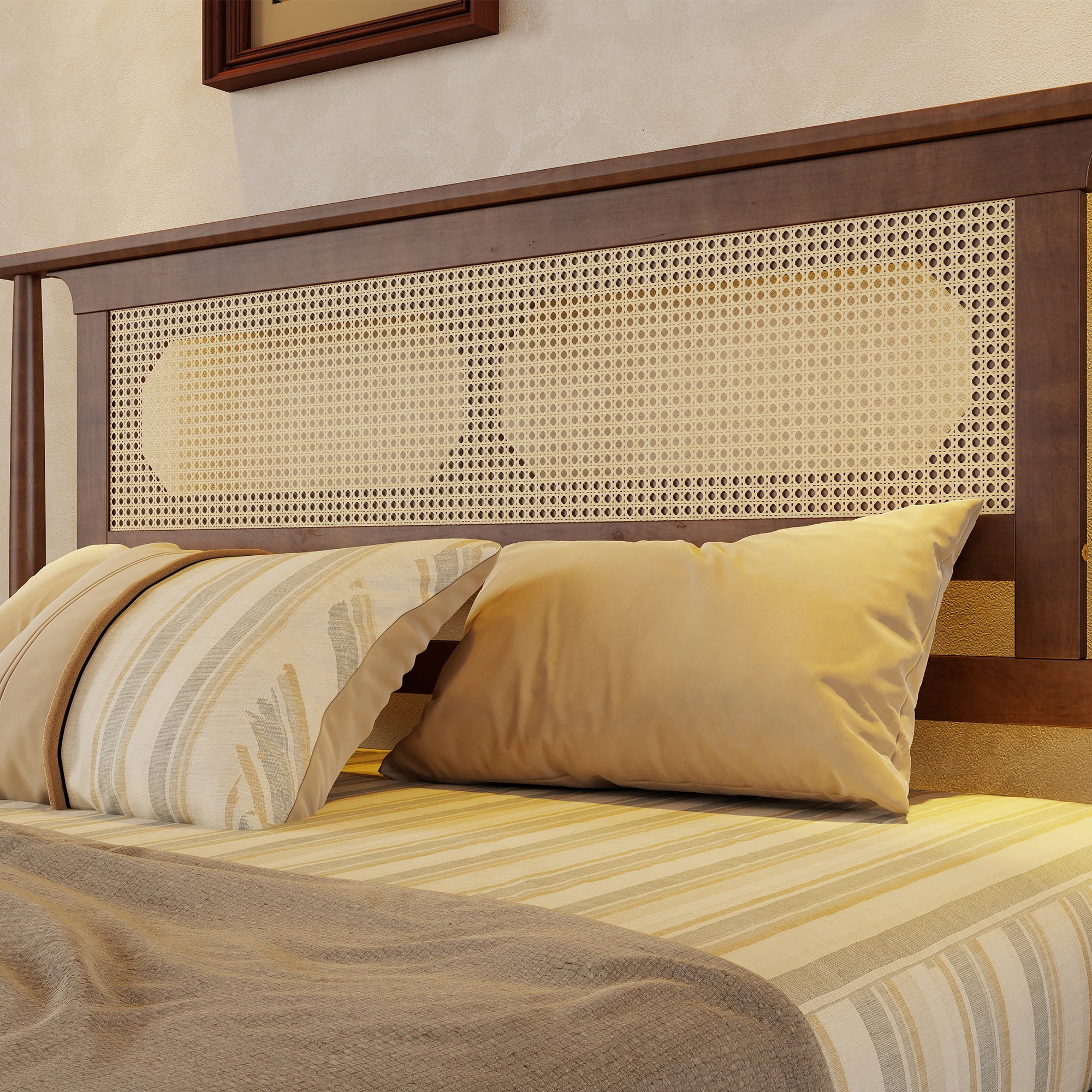 Mintazer Vintage Queen Size Pinewood Platform Bed Frame with Rattan Headboard for Bedroom,No Box Spring Needed, Walnut
