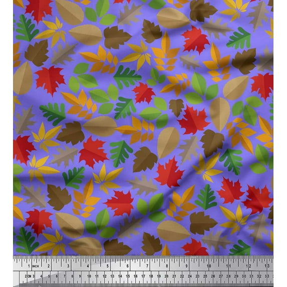 Soimoi Purple polyester Crepe Fabric Colorful Leaves Clip Art Print Fabric by the Yard 42 Inch Wide