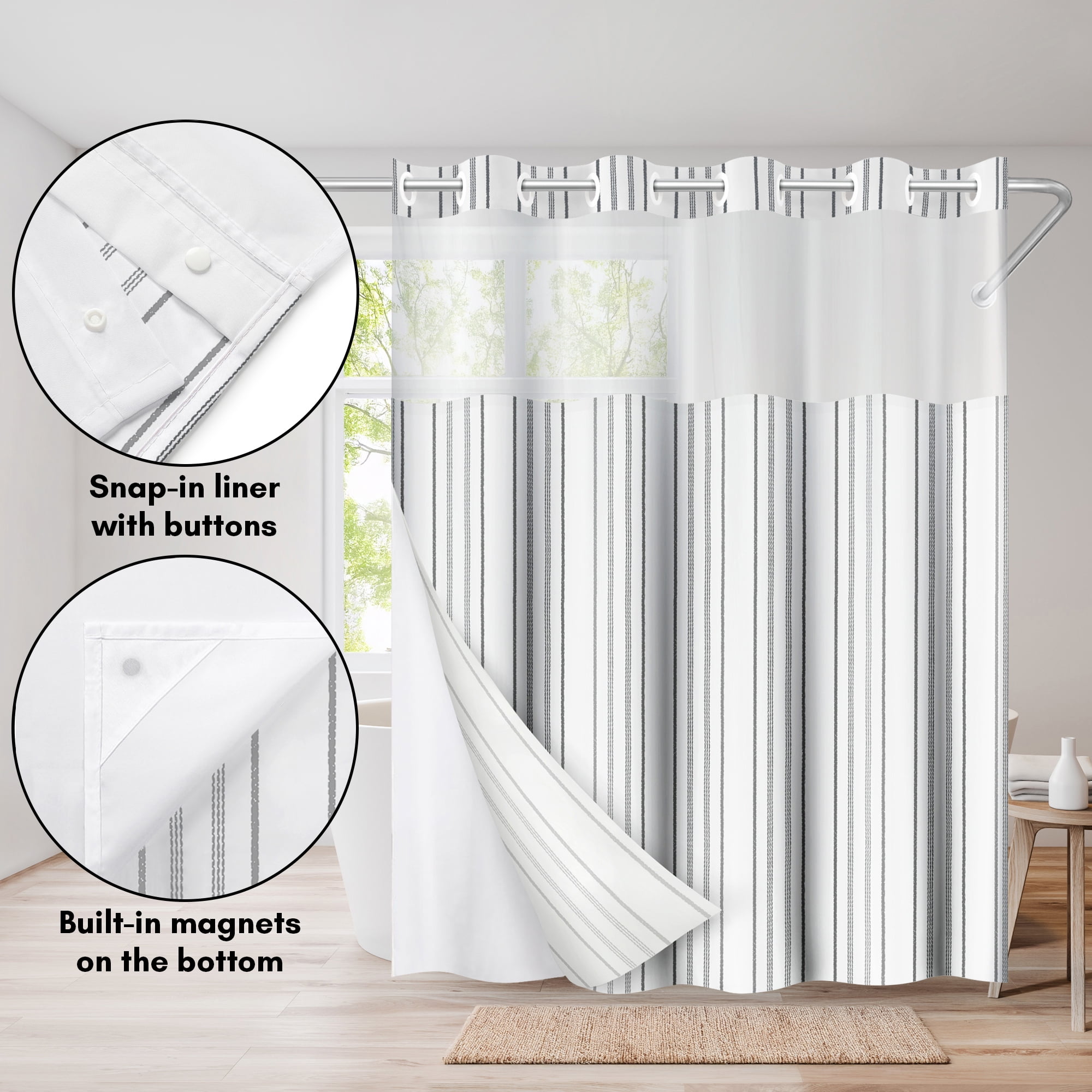Americanflat 72x75 Hookless Shower Curtain - Abstract Grey Lines Shower Curtain with Sheer Panel, Snap-In Liner, and Grommets - 100% Polyester