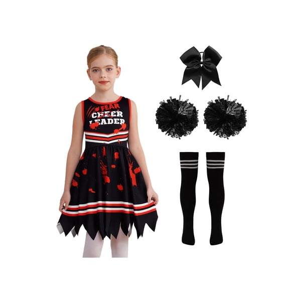Oyolan Girls Zombie Cheer Leader Fancy Dress 4 Piece Set Sleeveless Bloody Dress Pompoms Black 150cm
