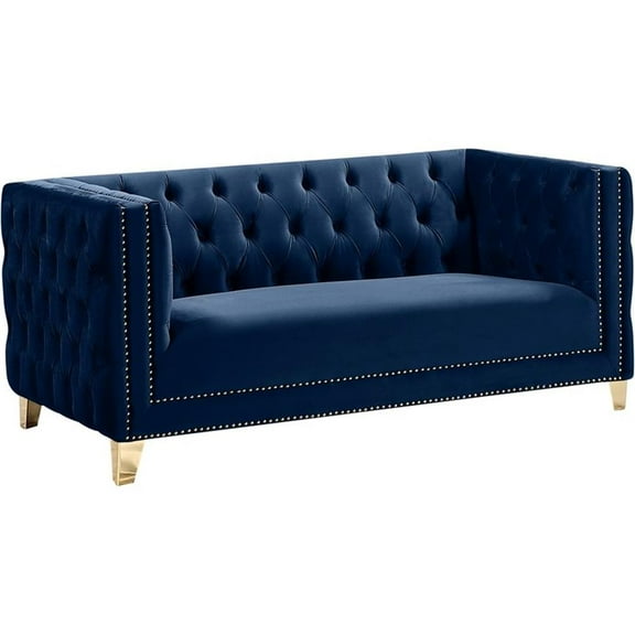 Pemberly Row Contemporary Velvet and Iron Loveseat in Soft Navy