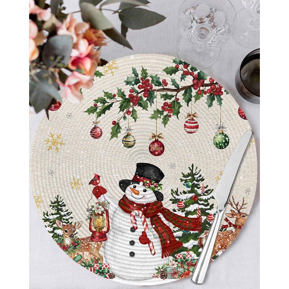 15 Inch Round Placemats Set of 6, Rustic Christmas Snowman Non Slip Heat Insulation PP Table Mats, Xmas Snowflake Elk Tree Balls Washable Place Mats for Kitchen Dining Party Table Decor