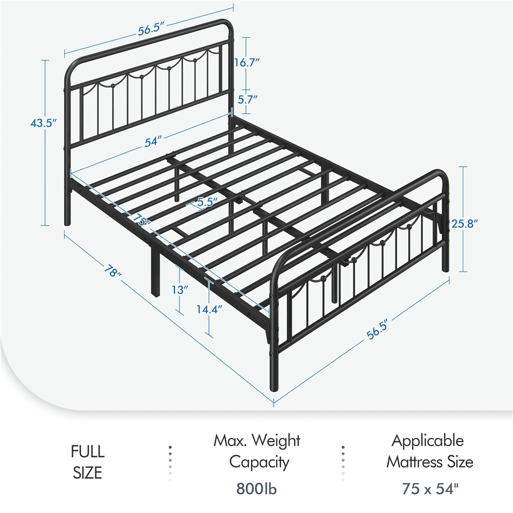Alden Design Metal Platform Full Bed with Vintage Headboard, Adult, Black