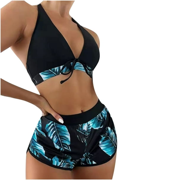 BEFOKA Swimming Suits for Women Ladies Cross Sling High Waist Shorts Costume  3-piece Swimsuit Split Blue S 