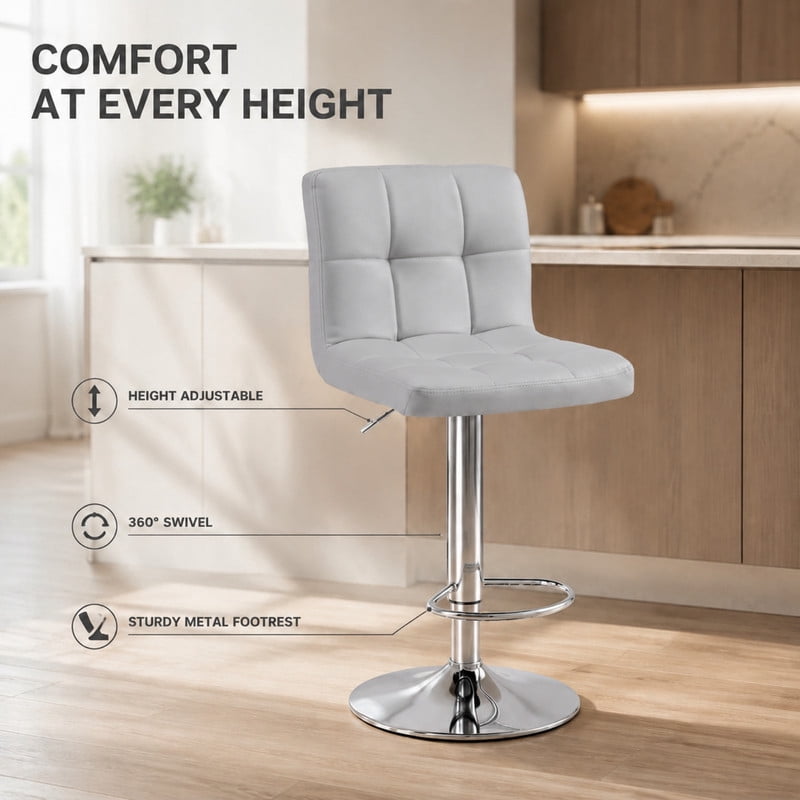 BEAUTYPEAK Adjustable Bar Stools Set of 2 PU Leather Swivel Counter Height Chairs with Backrest and Footrest, Gray