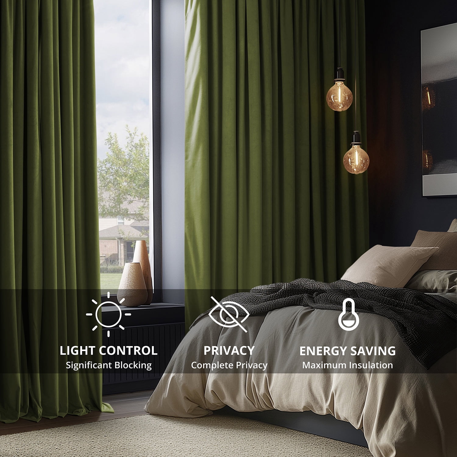 Half Price Drapes Signature Basque Green Velvet Blackout Curtains For Bedroom(1 Panel), 50WX 108L