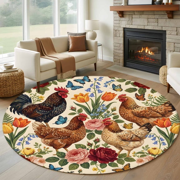 Round Area Rugs Collection 7 Ft, Rooster Floral Non-Slip Residential Carpet, Farmhouse Spring Flowers Butterflies Indoor Crawling Mats Runner Rugs for Living Room/Dining Room/Bedroom