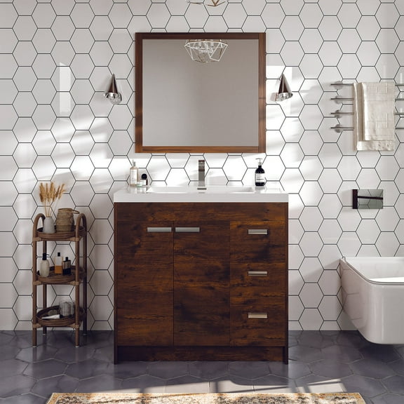 Eviva Lugano 36" Rosewood Modern Bathroom Vanity w/ White Integrated Top
