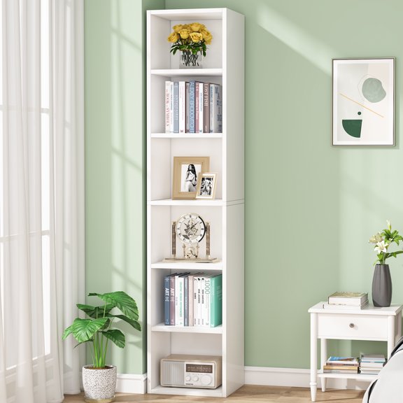 Tribesigns 70.9" Narrow Tall Bookcase, White Cube Corner Bookshelf with Storage for Home Office