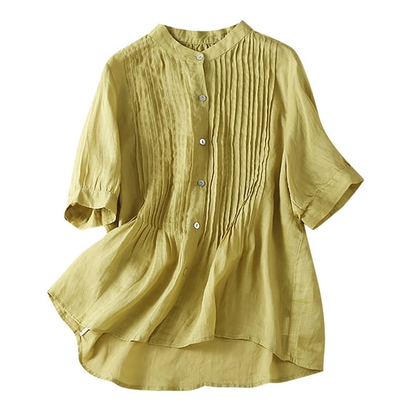 Women's Cotton Linen Tops Summer Trendy V Neck Half Sleeve Button down Shirt Pleated Flowy Lightweight Blouses (XL, Yellow)