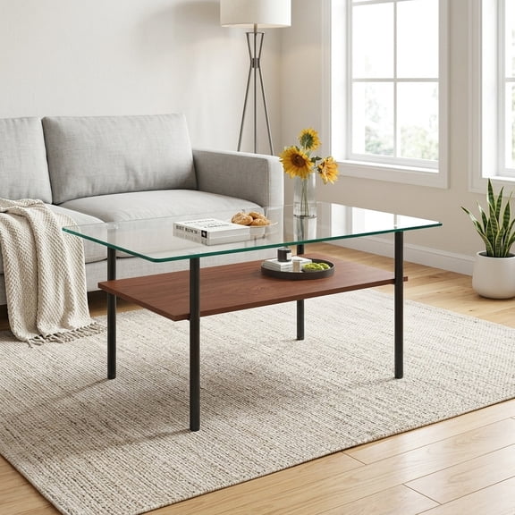 Modern Glass Coffee Table with Lower Shelf - Rectangular Living Room Center Table