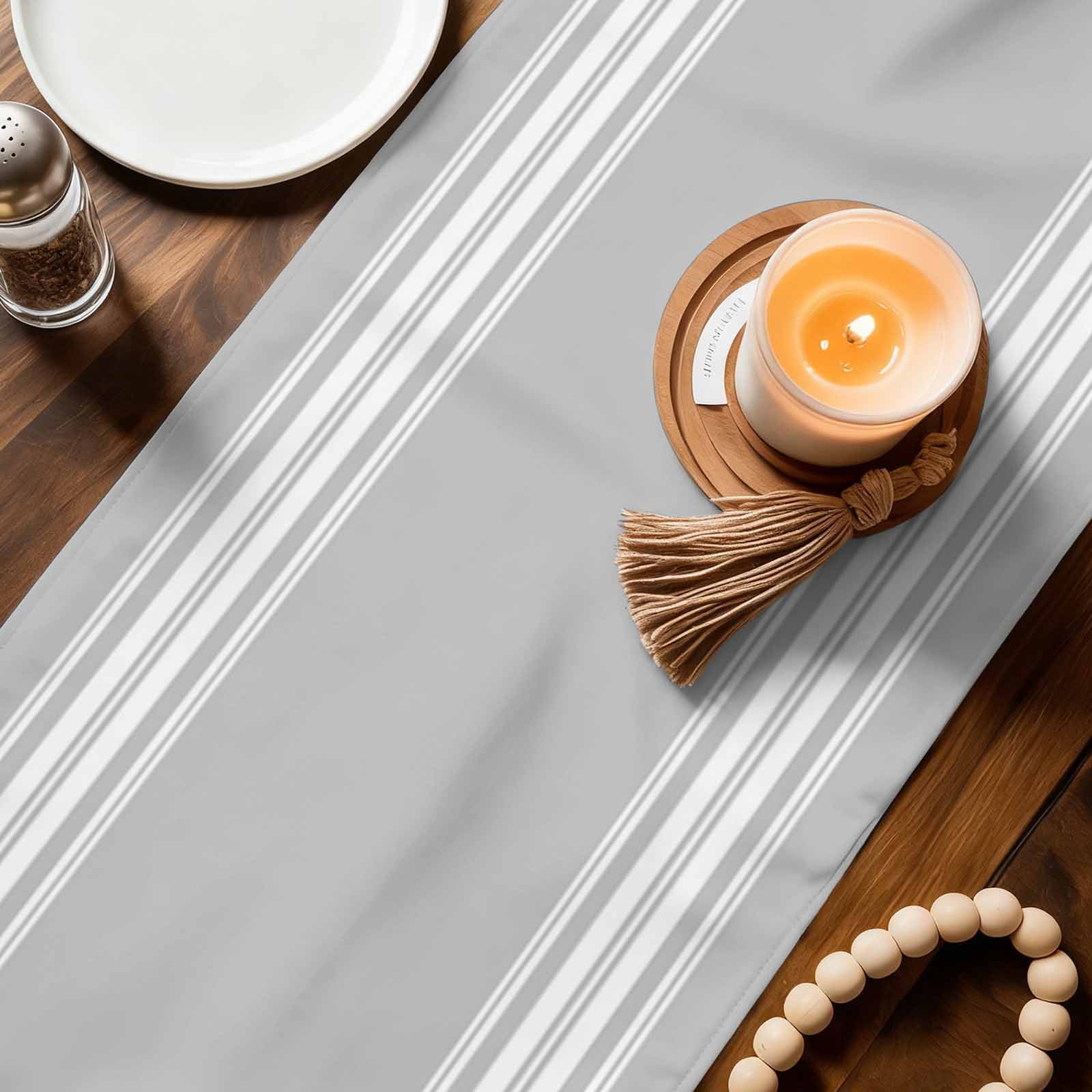 Grey Striped Table Runner, Luxurious White Stripes Modern Abstract Art Washable Cotton Linen Table Runners 90 Inches Long, Dresser Scarf Runner for Dining/Coffee/Kitchen/Hallway Tables 13''x90''