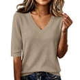 thumbnail image 3 of Half Sleeve Tops Women Summer Ribbed Knit V Neck Top Lightweight Pullover Sweater Shirt Dressy Casual Blouses,S,Khaki, 3 of 6
