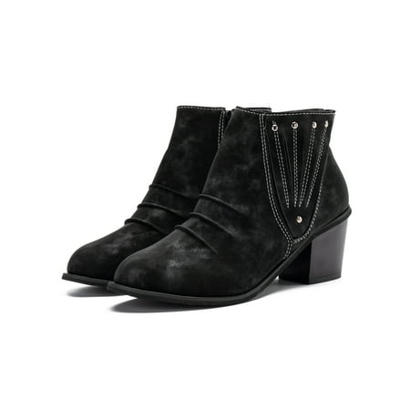 

Woobling Womens Ankle Boot Side Zip Booties Chunky Heel Casual Dress Shoes Black 9