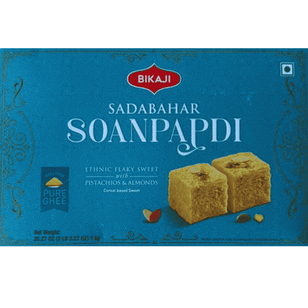 Bikaji Sadabahar Soan Papdi 35.27 oz Box, Traditional Indian Sweet with Almonds & Pistachios, Made with Pure Ghee