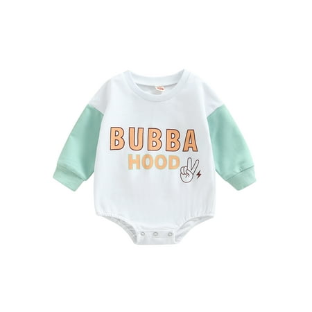 

Calsunbaby Newborn Infant Boy Girl Long Sleeve Patchwork Romper Pattern Capital Letter Printed Round Collar Contrast Color Triangle Bodysuit
