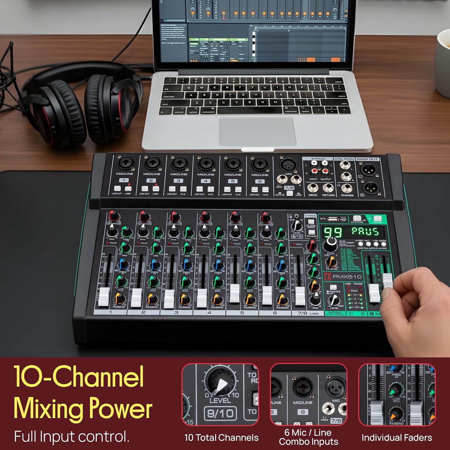 Pyle 10-Channel Audio Mixer – Bluetooth Studio Mixer with 6 XLR Combo Mic Inputs, DSP Digital Effects, USB MP3 Player, PC Recording, LED Level Meter, DJ Controller with Smooth Faders