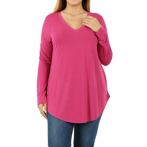 Zenana Women & Plus Relaxed Fit Long Sleeve VNeck Round Hem Jersey Tee