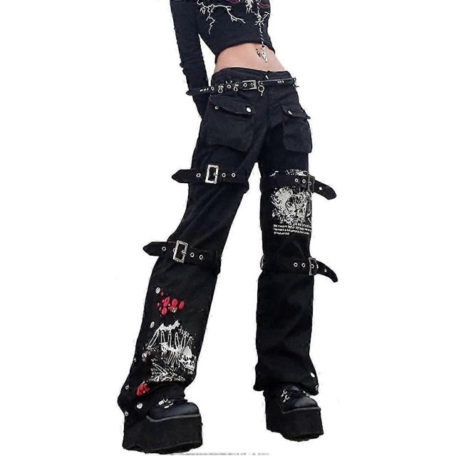 Women Y2k High Waisted Jeans Loose Wide Leg Denim Trousers Graphic Print Baggy Cargo Pants Gothic Dark Punk Streetwear