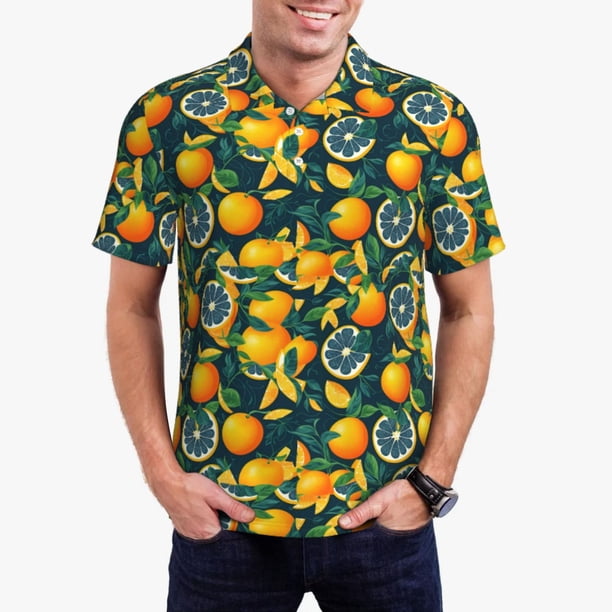 Balery Fresh Orange Camisa Polo de Hombre con Estampado, de Manga Corta y Tejido Medio, Camisa Tipo Golf Polo-Medium
