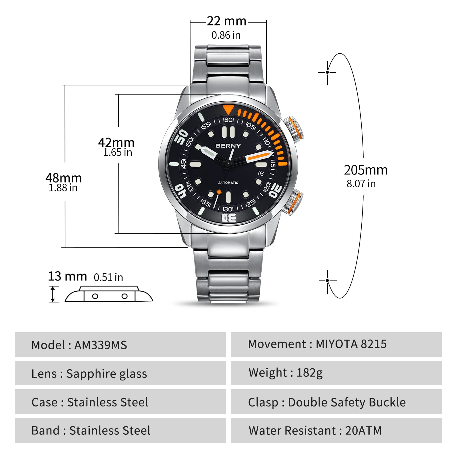 BERNY Automatic Dive Watches for Men, Sport 20ATM Waterproof Analog Mechanical Watch with Date, Super Luminous, Stainless Steel, Sapphire Crystal, Fashion Men's Pro Diver Watch (Black)