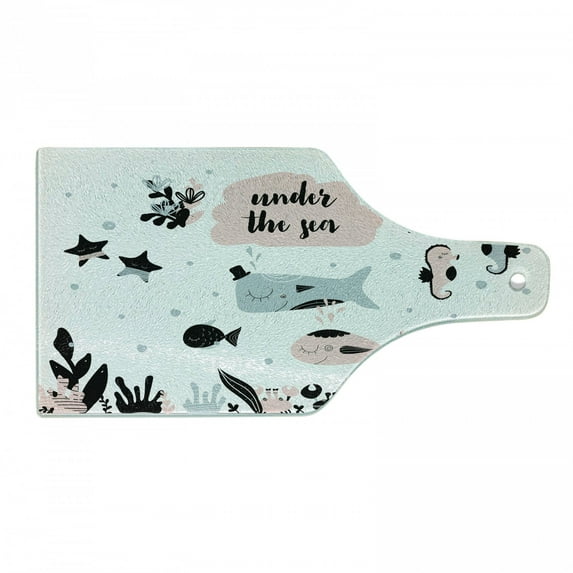 Nursery Cutting Board, Cartoon of with Animals and Under the Sea Lettering, Decorative Tempered Glass Cutting and Serving Board, in 3 Sizes, by Ambesonne