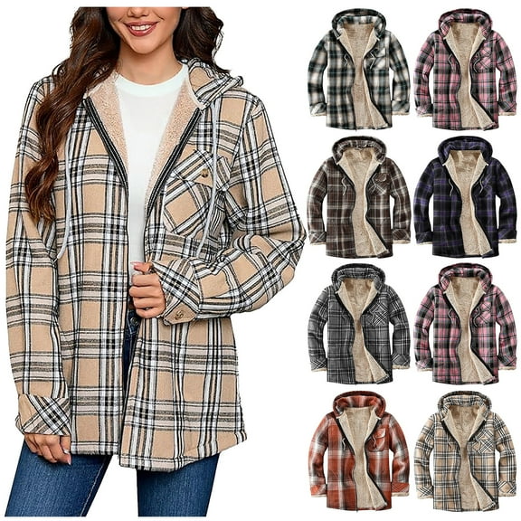 Crunowin Womens Plaid Shacket Jacket, Long Sleeve Zip Up Fleece Hooded Jackets Warm Coat Khaki L