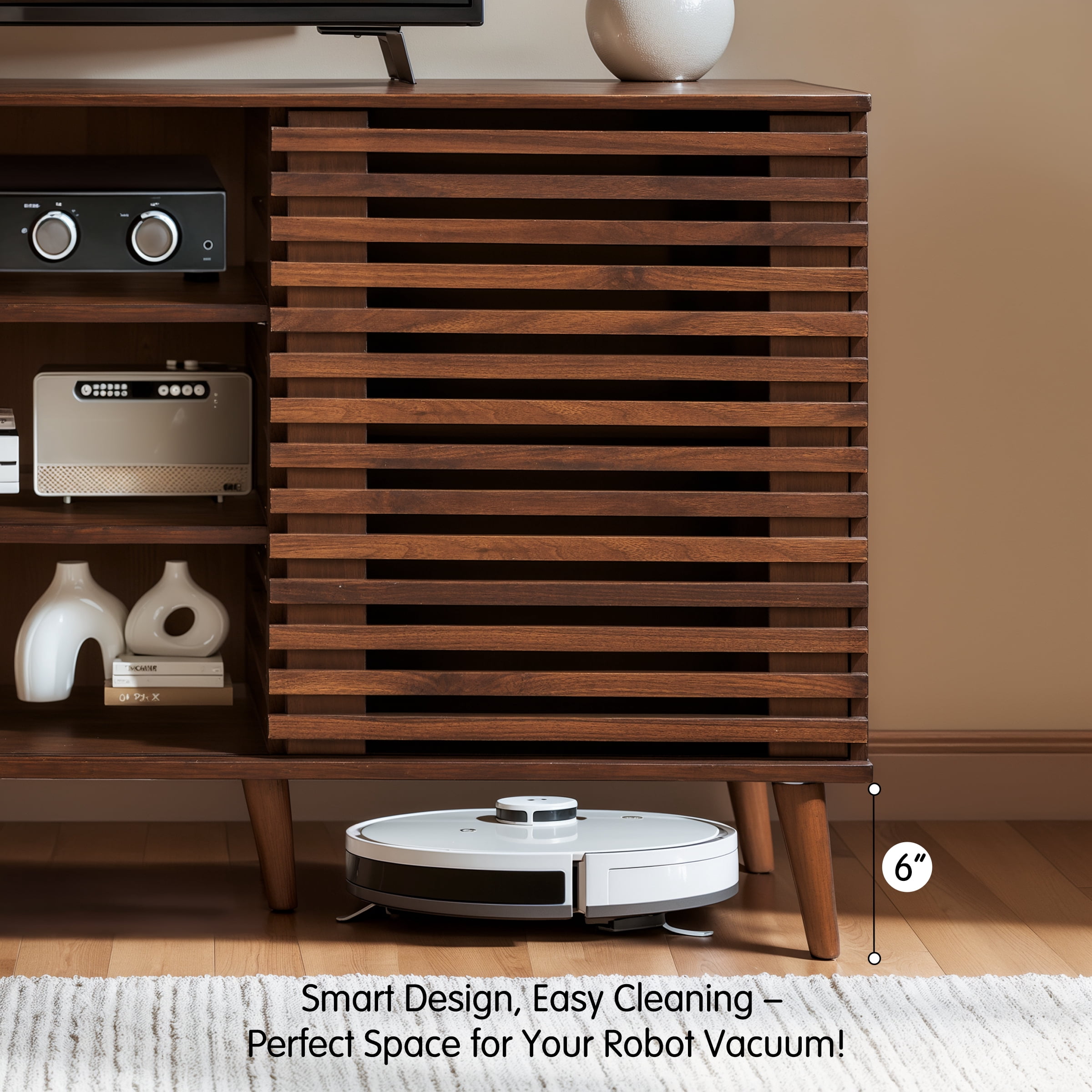 Subrtex Mid-Century Modern TV Stand Entertainment Center for TVs up to 60", Walnut Wooden Media Console with Slatted Doors & Adjustable Shelves for Living Room Storage