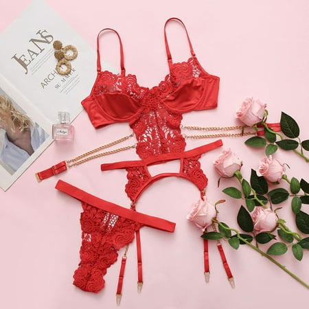Generic Three-Point Sexy Lingerie Lace Hollow out Heavy Craft Chain Backless Sexy Lingerie Set See-through T-Back
