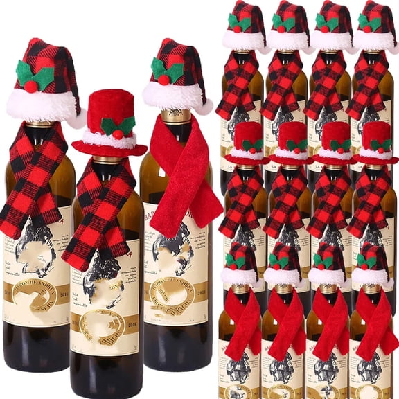 Janrevotw 24 Pieces Christmas Wine Bottle Cover Set Christmas Buffalo Plaid Mini Xmas Santa Hat Scarf for Wine Bottle (Cute)
