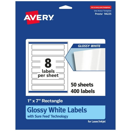 UPC: 0194793904093 | Avery Glossy White Rectangle Labels with Sure Feed  1  x 7   400 Glossy White Labels  Print-to-the-Edge  Permanent Label Adhesive  Laser/Inkjet Printable Labels