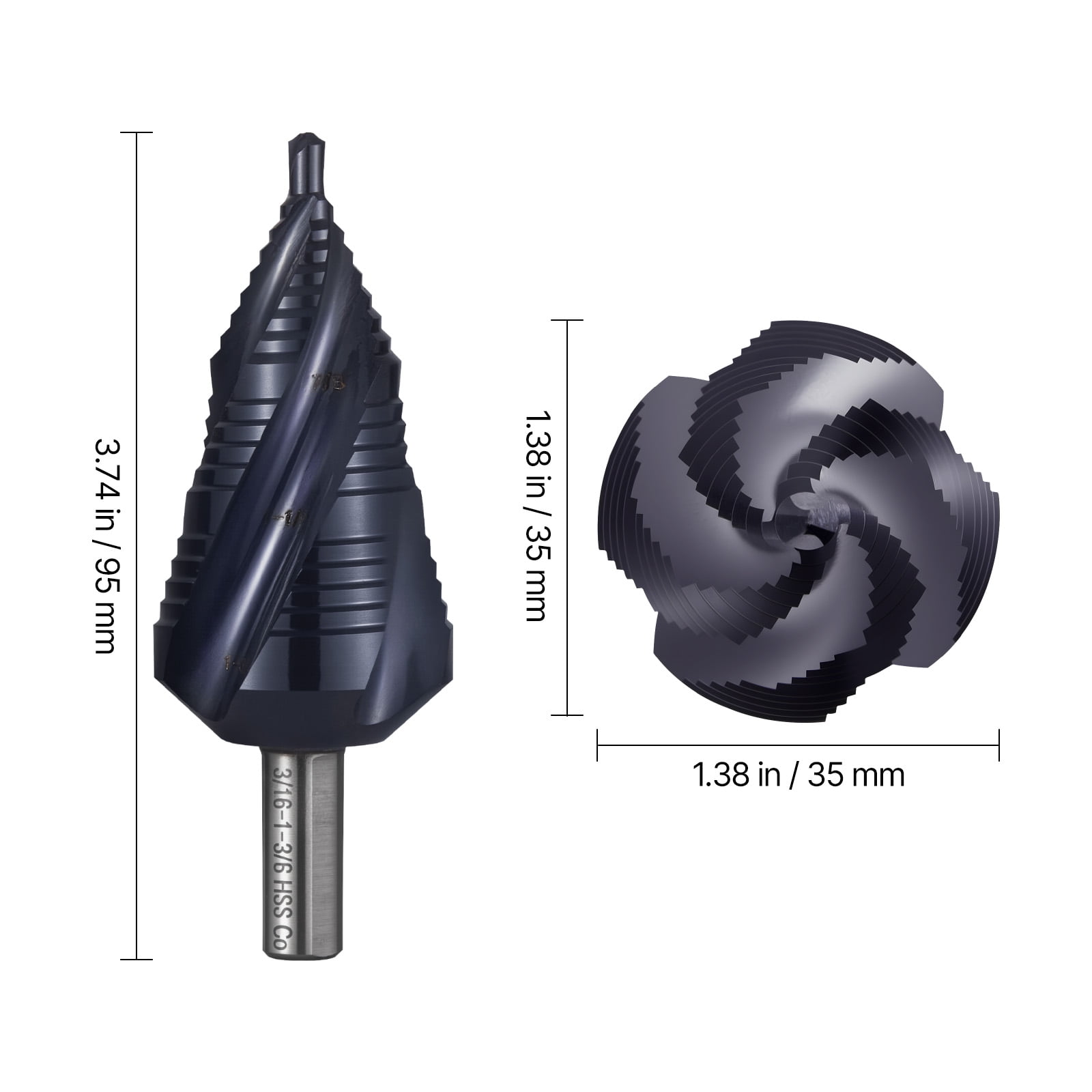 VEVOR Step Drill Bit, 3/16 to 1-3/8 inch, 3/8 inch Triangular Shank, TiAlN Coating Cobalt High Speed Steel, Four Spiral Flute Step Bit for Metal, Stainless Steel, Aluminum, Wood, Plastic, Fiberglass