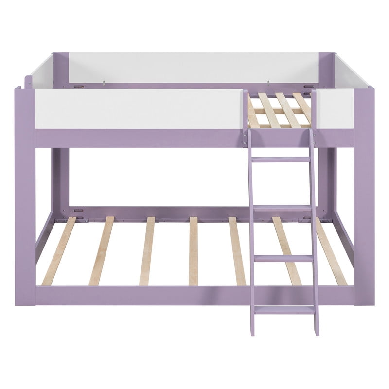 Queen-Over-Queen Low-Profile Bunk Bed with Guardrails, Wooden Kids Bed with Reversible Ladder, Accent Two-Tone Bed Frame