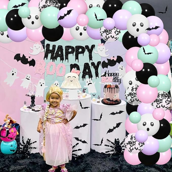 Pastel Halloween Birthday Decorations Happy Boo Day Balloon Garland Arch Kit for Girls Halloween Spooky Party Supplies